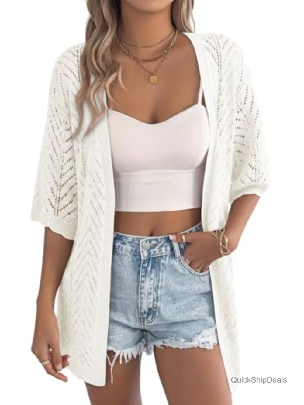 Short Sleeve Crochet Cardigan Sweater Open Front Knit